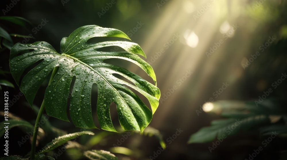 Fototapeta premium Lush Green Monstera Leaf with Water Droplets Illuminated by Sunlight in a Serene Jungle Setting