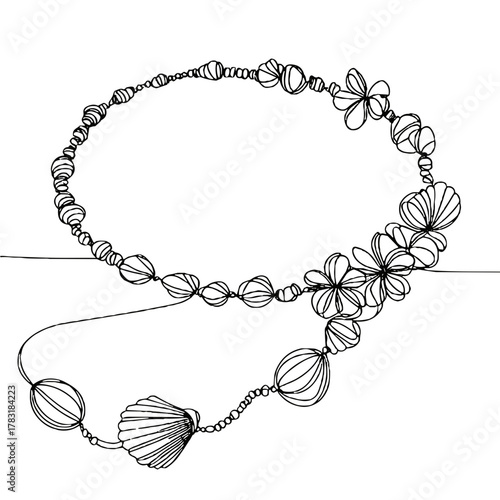 Beach garland made of shells and beads Tropical Christmas Symbols — Outline / Minimal Linear Vector
