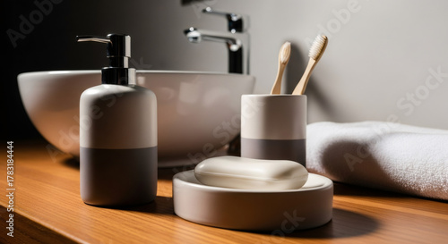 Modern bathroom countertop with soap, dispenser, toothbrushes, and sink.