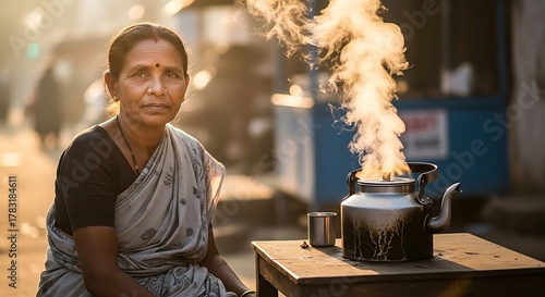 Fototapeta Naklejka Na Ścianę i Meble -  Indian woman selling tea on the street with a flaming kettle.