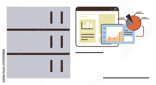 Server racks and data storage icons connected to analytics charts, graphs, and dashboard screens. Ideal for technology, big data, analytics, web development, database management, IT solutions