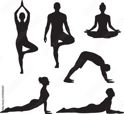 Yoga poses vector illustration silhouette set for healthy lifestyle and wellness