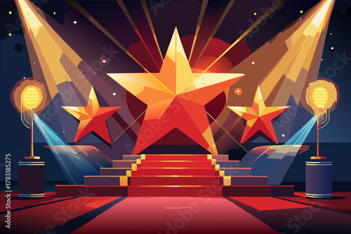 Golden stars on a red carpet stage with spotlights and dramatic lighting