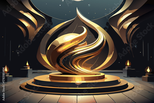 Luxurious golden sculpture on a pedestal with dramatic lighting