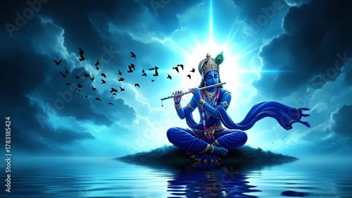 A celestial blue figure plays a melodic flute, radiating divine light under a dramatic, cloud-filled sky, creating a serene and mystical ambiance over reflective waters with birds