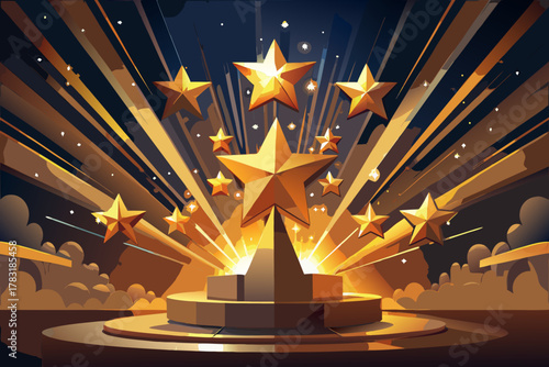 Golden stars shining bright on a stage with radiating light beams