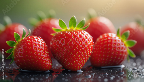 Juicy Red Strawberries with Green Stems and Water Drops, Healthy Summer Fruit Snack.
