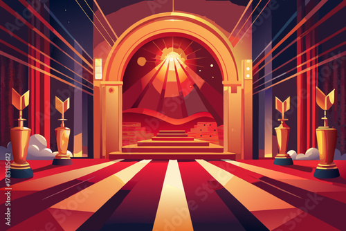 Golden trophies on red carpet under dramatic spotlight