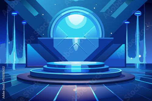Futuristic blue stage with glowing podium and abstract background