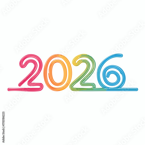 Vibrant 2026 New Year greeting illustration with a continuous rainbow gradient line art design. Modern vector numbers celebrating the upcoming year