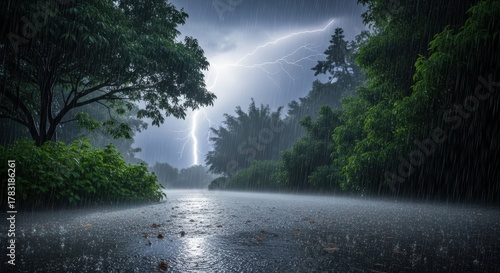 Intense Lightning Strike Over a Wet Forest Road During a Thunderstorm