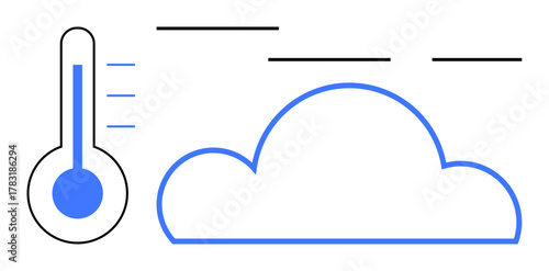Cloud and thermometer with temperature readings symbolize weather, environmental analysis, forecasting, climate, data visualization, technology, and seasonal conditions. Ideal for climate concepts