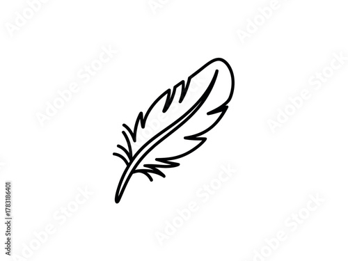 A single feather depicted in simple line art against a white background.