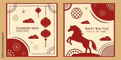 Happy chinese new year 2026 year of the horse with lanterns and clouds