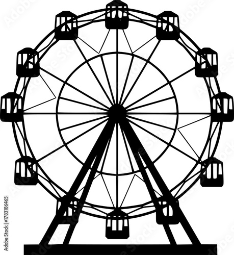 ferris wheel silhouette, simple background, symmetrical composition, black and white, minimalist, clean lines, vector illustration