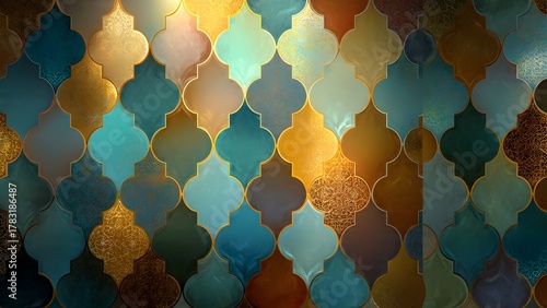Luxury Moroccan Ogee Tile Pattern Background with Golden and Teal Texture
