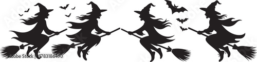 Silhouettes of witches flying on broomsticks with bats for halloween themes