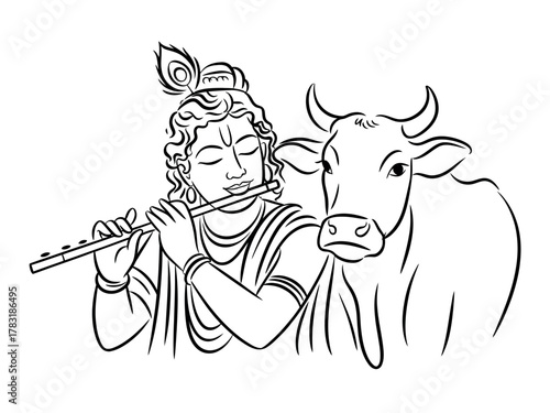 A depiction of Lord Krishna playing his flute next to a cow.