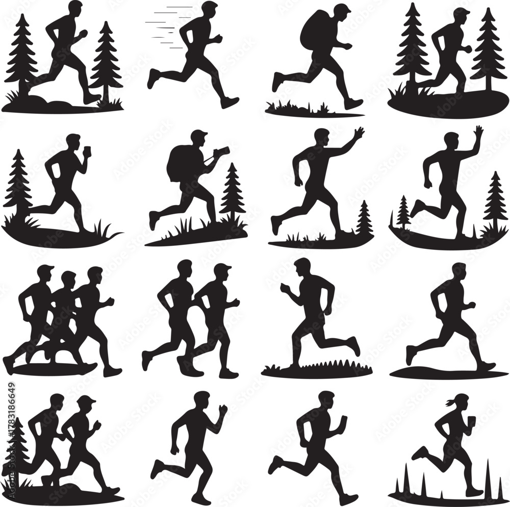 Naklejka premium Adventure Sports & Outdoor Activity Silhouette Vector Bundle – Hiking, Surfing, Climbing, Running, Camping