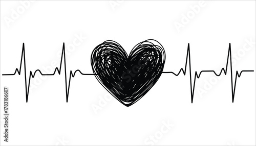 Black electrocardiogram line with a scribbled heart in the center on a white background love