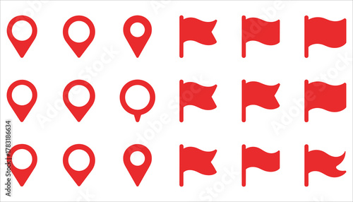 Collection of red map pin location markers and waving flags on white background pin icon flag icon