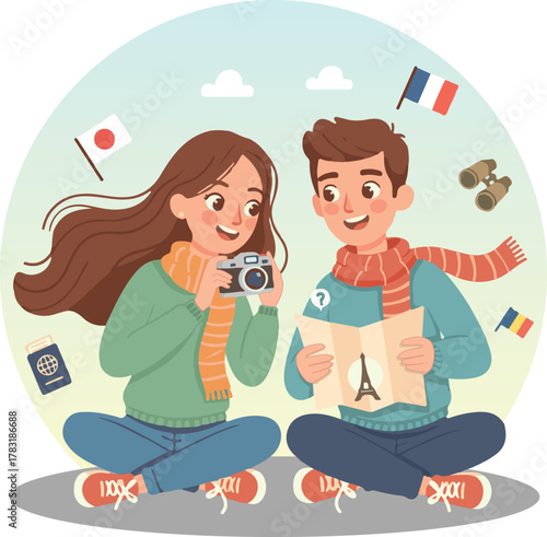 Romantic Couple Planning Vacation with Map and Camera 