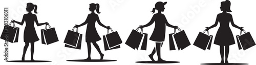 Silhouette of four women walking with shopping bags in their hands on white backdrop