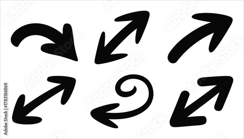 Six black hand drawn arrows pointing in various directions on a white background pointer sign