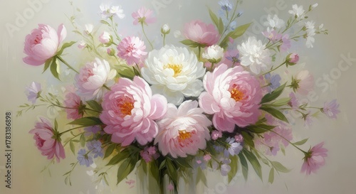 Delicate Pastel Bouquet of Blooming Peonies and Wildflowers Adorned with Soft Green Foliage