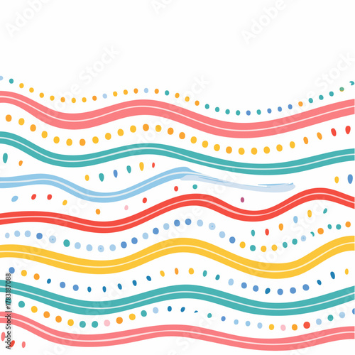 Playful abstract vector background featuring colorful curved lines and dotted patterns. Hand-drawn wavy shapes creating a cheerful and decorative banner element