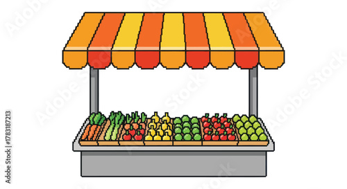 Vibrant pixel art showcasing fresh produce at a quaint farmer's market stall display