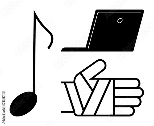 Black music note, laptop, and bandaged hand symbolizing art, technology, and resilience. Ideal for health, music, productivity digital media innovation recovery and creativity concepts. Simple