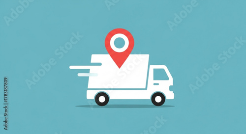 Delivery truck with location pin for fast shipping logistics and delivery service tracking concept art