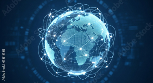 Global network technology concept with world map connections and data transfer visualization blue tone