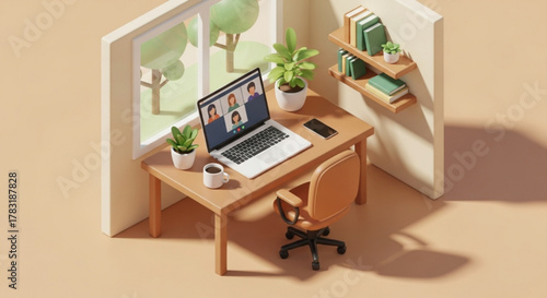 Isometric home office setup for video conferencing and remote work productivity and workspace design ideas