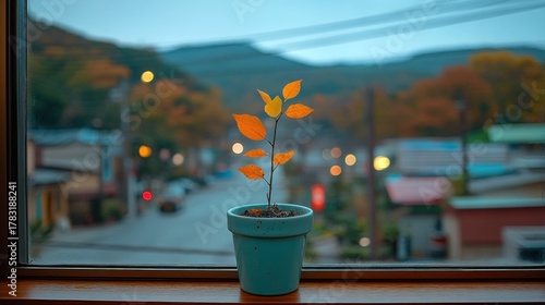 Fototapeta Naklejka Na Ścianę i Meble -  Small plant in teal pot, autumnal view from window