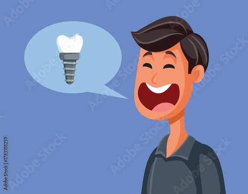 Adult Man Having a Dental Implant Vector Illustration. Excited dental patient having new teeth medically implanted 

