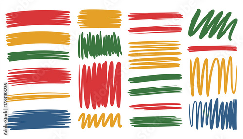 Red yellow green and blue abstract brush stroke shapes on white background paint texture