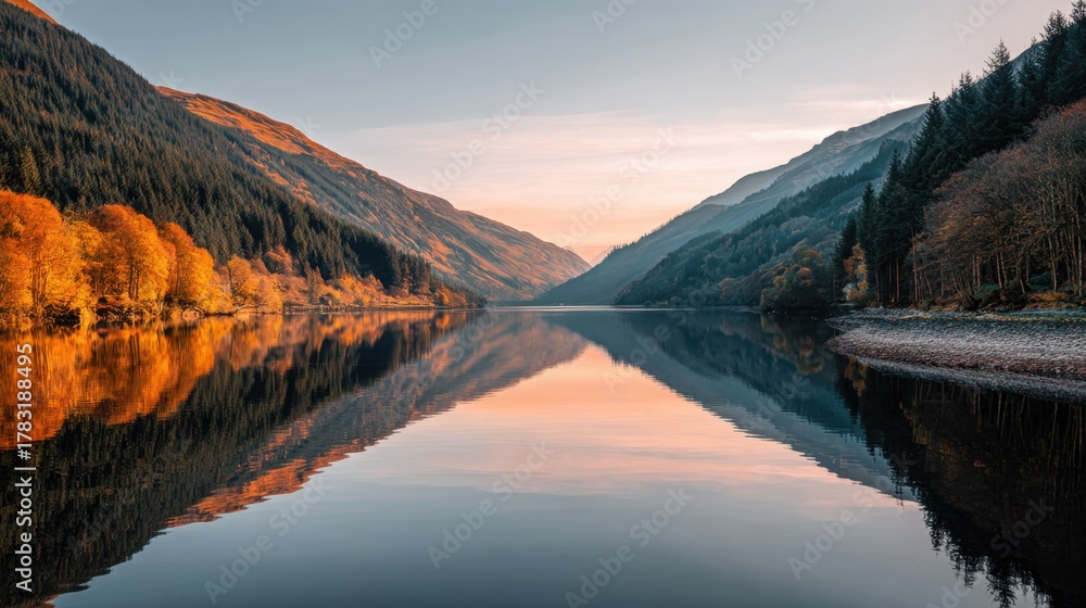 Fototapeta premium Serene Mountain Lake Surrounded by Vibrant Autumn Foliage in Tranquil Landscape at Sunrise