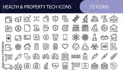 Health and property technology icons set with financial elements