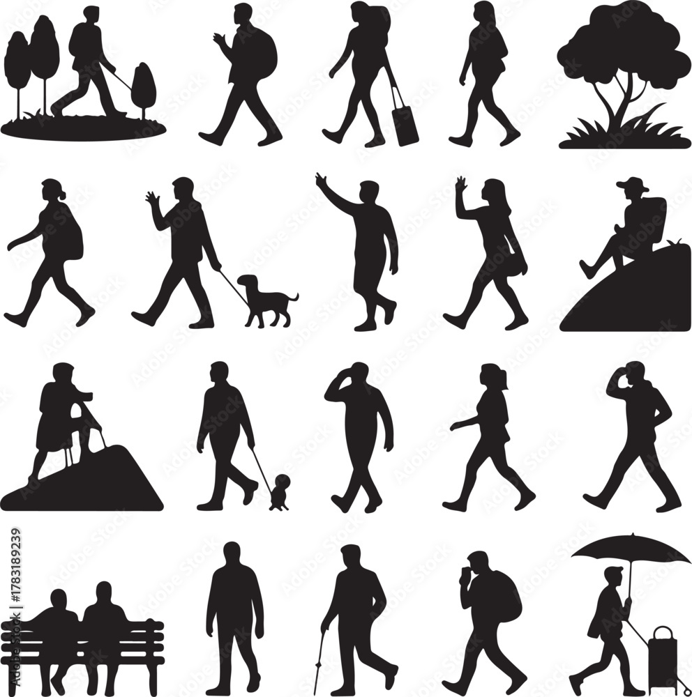 Obraz premium “Adventure & Outdoor Activity Silhouette Vector Bundle – Hiking, Running, Climbing, Camping, and Exploration”