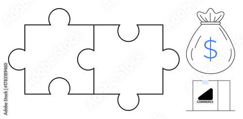 Two puzzle pieces symbolizing connection, a money bag with a dollar sign for finance, and a commerce shipping box for trade and logistics. Ideal for teamwork, investment, partnership, trade
