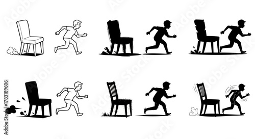 Man running around chair in various black and white outline and solid silhouette styles with distressed texture and movement effects vector graphic set