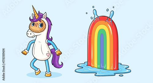 Unicorn wearing piñata mask and rainbow shaped fountain with splashing water creating puddle on light blue background cartoon style vector illustration