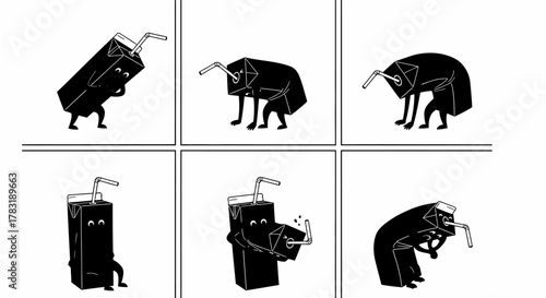 A comic strip with six panels depicting a black carton of juice with a straw, animated with arms and legs, transforming into different poses and expressions on a white background