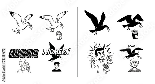 A series of illustrations featuring seagulls stealing french fries from people, depicted in both line art and black silhouette styles on a split white and grey background