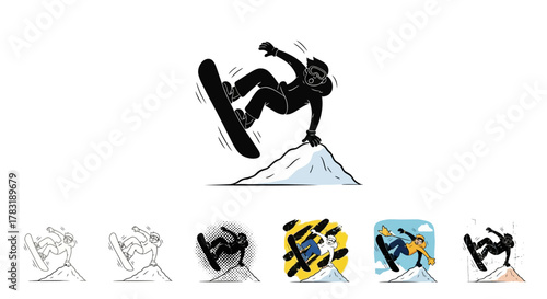 A black silhouette of a snowboarder wearing goggles and helmet mid-air performing a trick over a snow mound, followed by five smaller variations with different styles and colors