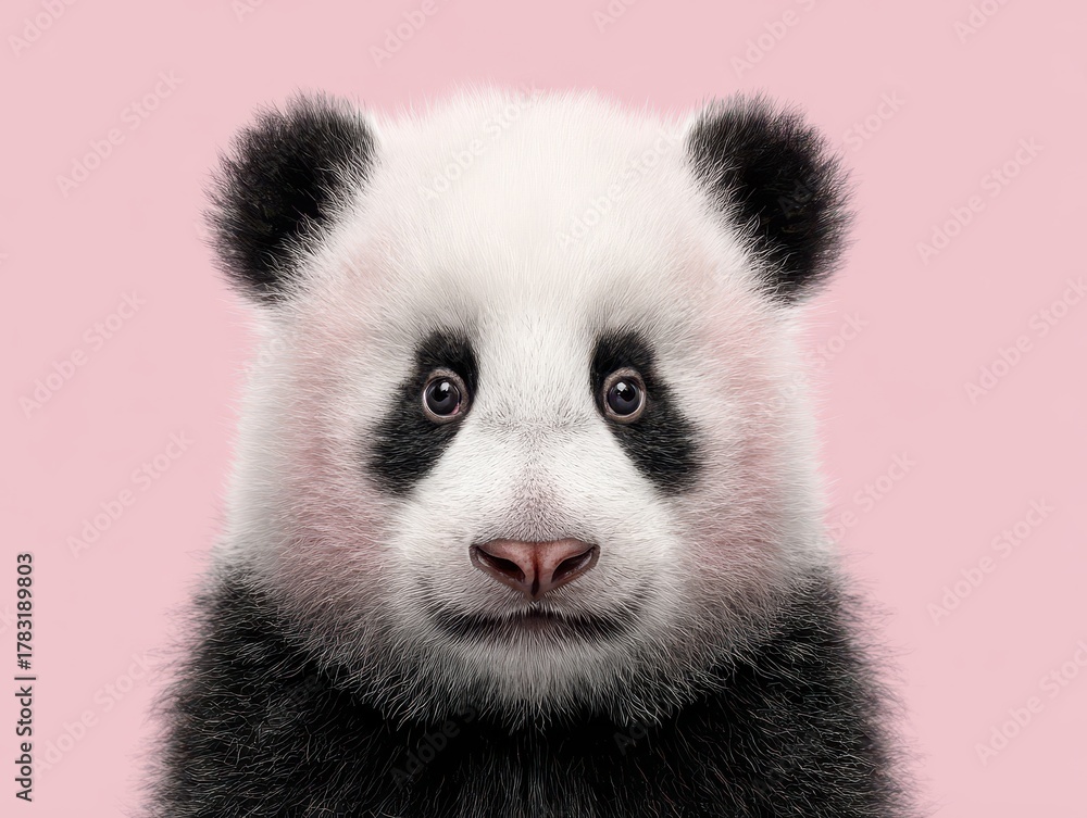 Obraz premium Close-up portrait of a cute panda cub with soft pink background, adorable animal photography