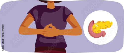 Adult Woman with Pancreatic Health Problems Vector Illustration. Person suffers from health complication duet to a condition of her pancreas