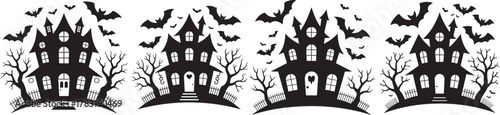 Four haunted houses with bats in the sky, black and white halloween theme art